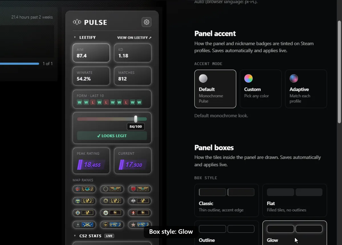 The settings page with the Glow box style selected: the tiles in the preview panel sit under a soft light glow, and the Glow card is highlighted in the settings column