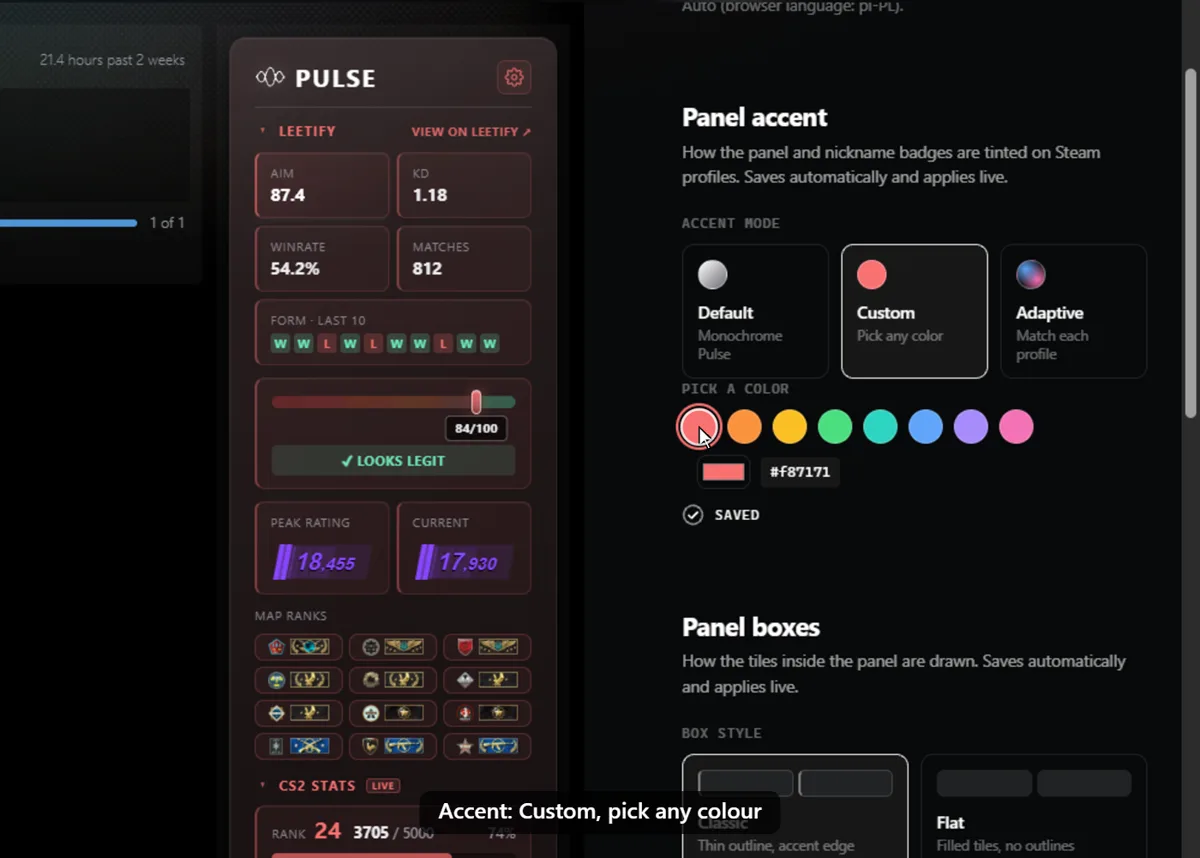The settings page with the Custom accent selected and the red swatch chosen: the panel in the preview has red edges and labels, and the box style cards below it