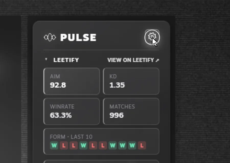 The Pulse panel header on a Steam profile, with the cursor over the gear button in the top right corner