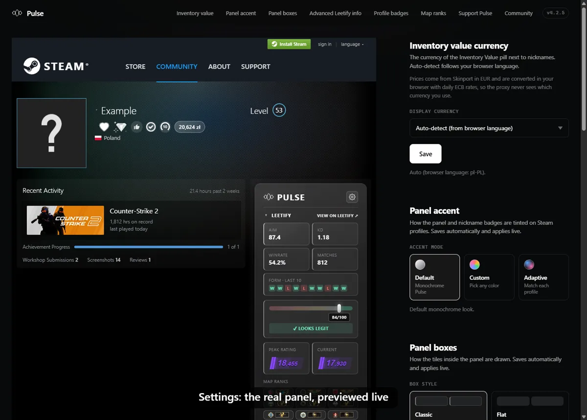 The Pulse settings page: an example Steam profile with the live panel on the left, the settings column on the right, and a top bar with links to each section