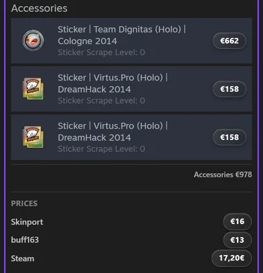 Steam item details panel showing three stickers, each with its own price beside it, an Accessories total underneath, and prices from Skinport, buff163 and Steam
