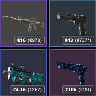 Four CS2 inventory tiles, each with a rounded price pill showing the weapon price and, in brackets, the value of the stickers on it