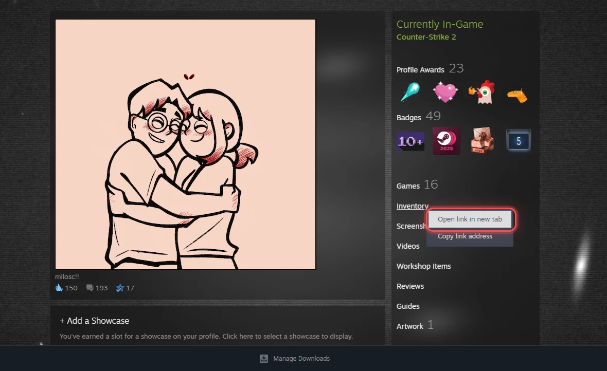 The Steam client with the right-click menu open on a profile link: Open link in new tab and Copy link address