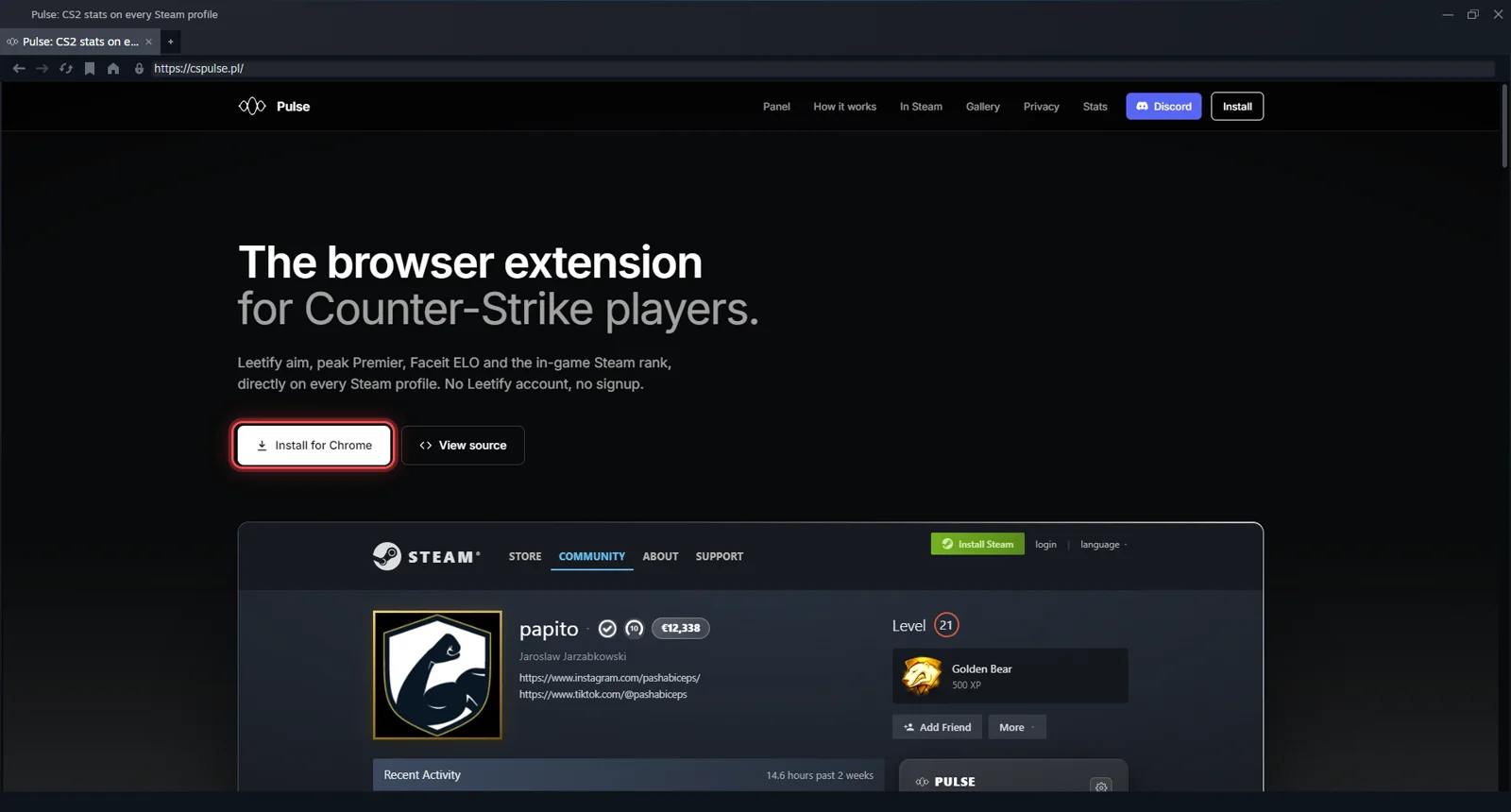 cspulse.pl loaded inside the Steam client's browser with the Install for Chrome button highlighted