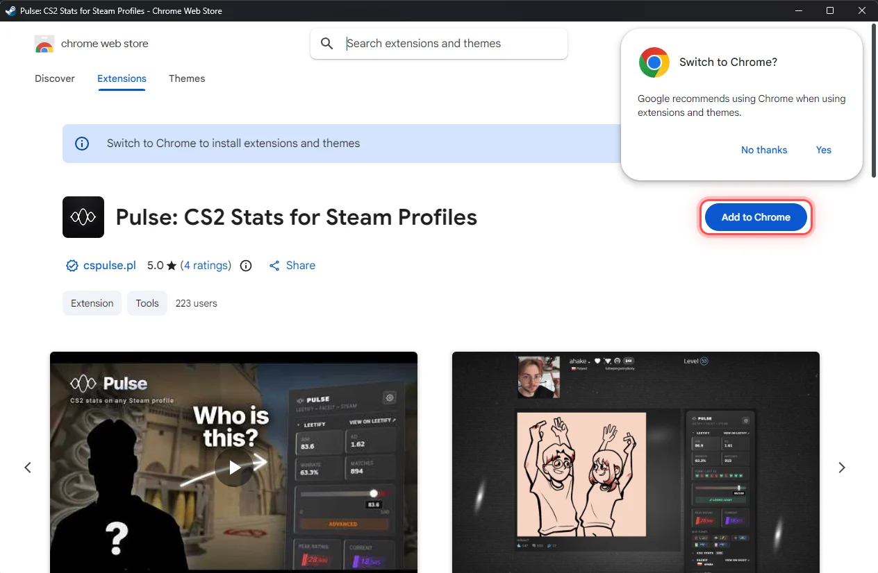 The Chrome Web Store open in a Steam client window, showing a Switch to Chrome banner and popup above the working Add to Chrome button