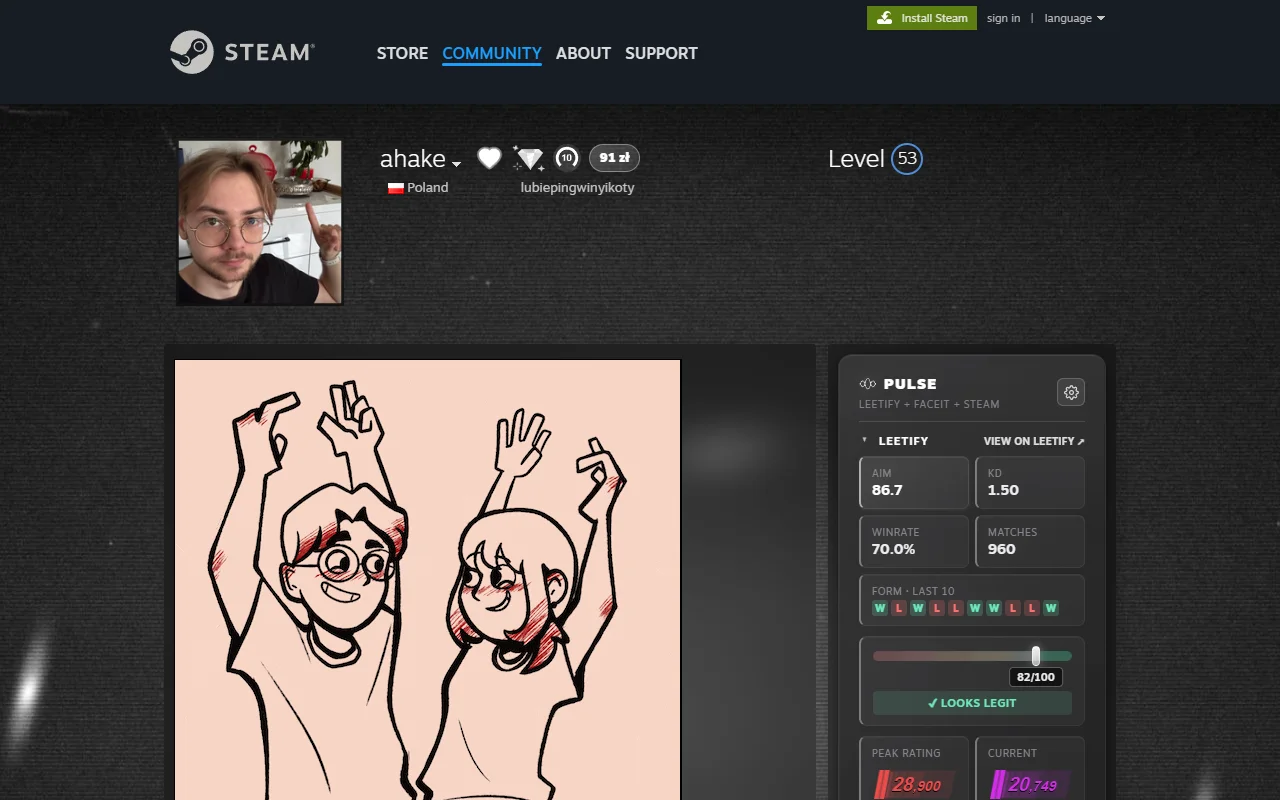 A Steam profile with the Pulse panel showing Leetify stats, a trust check and Premier ratings