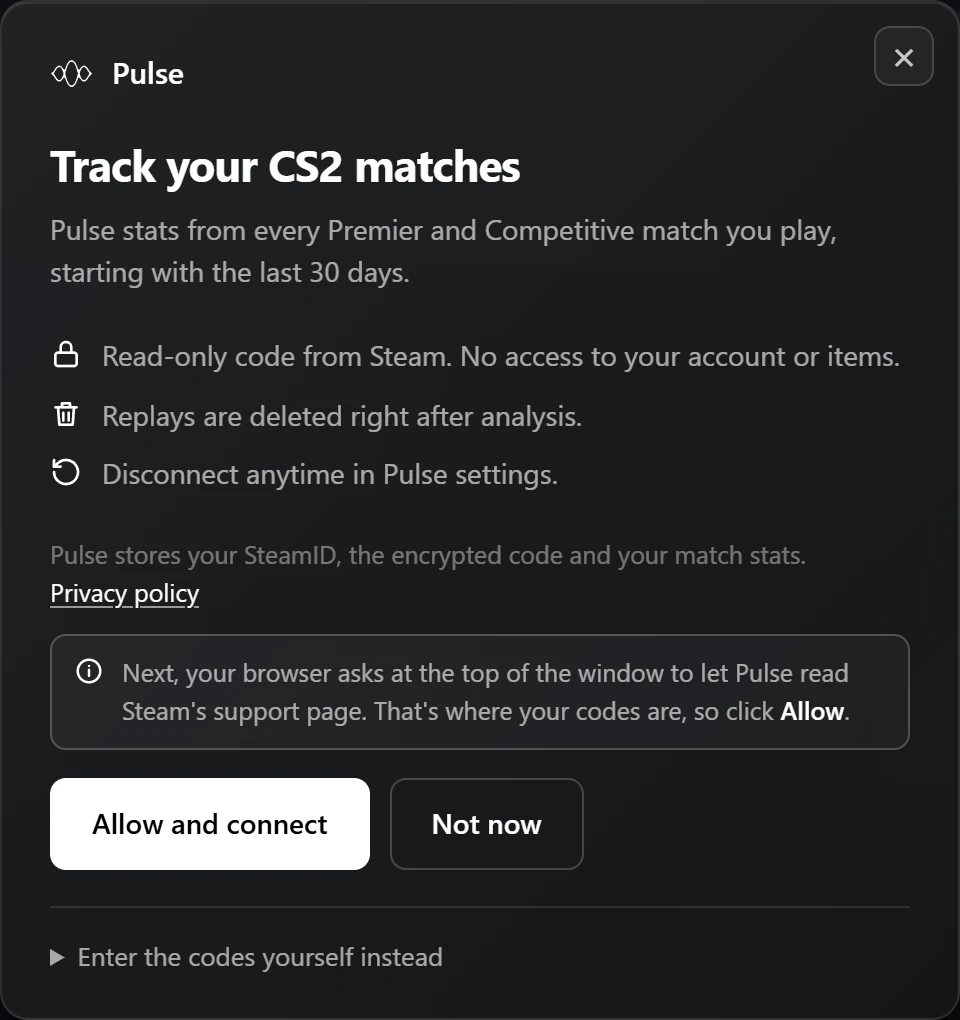 The Pulse window Track your CS2 matches: three lines on what Pulse can and cannot do, a note about the browser permission, and the buttons Allow and connect and Not now