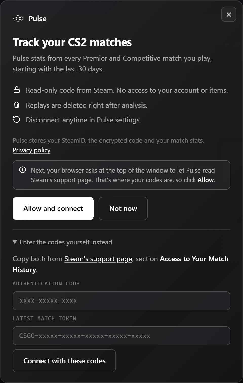 The Pulse window with Enter the codes yourself instead expanded: fields for the Authentication Code and the latest match token, and a Connect with these codes button