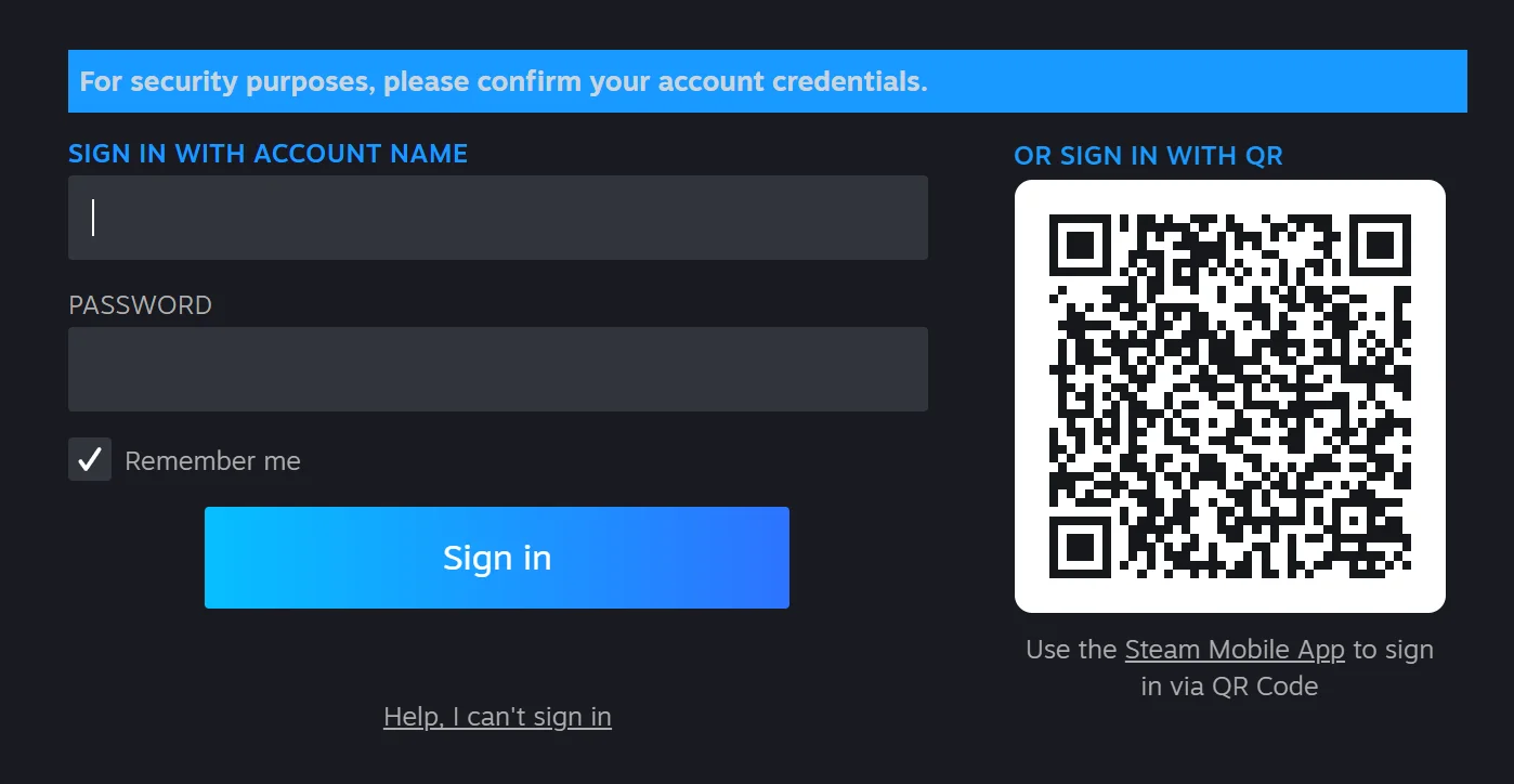 Steam's own sign-in box on help.steampowered.com: a blue bar reading For security purposes, please confirm your account credentials, account name and password fields, and a QR code to sign in with the Steam Mobile App