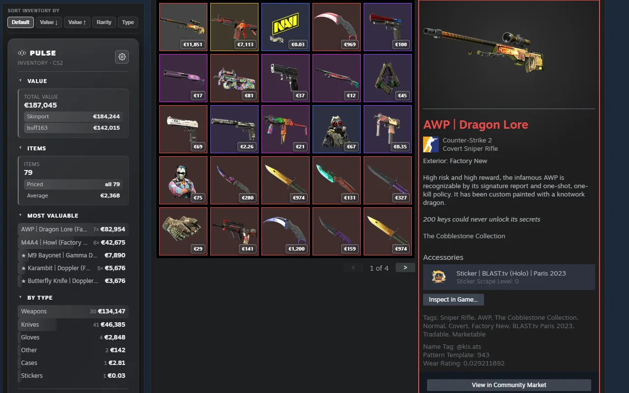 A CS2 Steam inventory with the Pulse column on the left: total value, item count, five most valuable items, a split by type, and a price on every tile in the grid