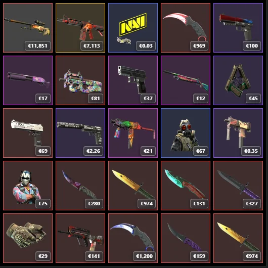 Steam inventory tiles, each with a small price badge in the corner, ranging from a few cents to nearly twelve thousand euro