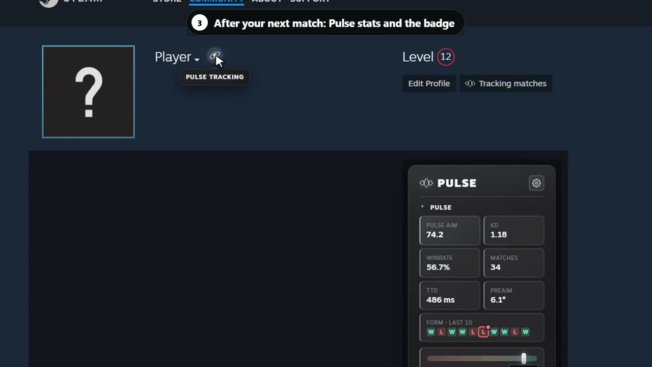 A Steam profile with the Pulse Tracking badge next to the nickname, a Tracking matches button next to Edit Profile and a Pulse section in the panel with Pulse Aim, K/D, winrate, TTD and preaim